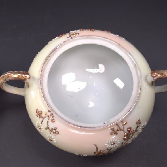 MCM Japanese Porcelain Embossed Floral Design Sugar & Creamer Set Gold Trim - Picture 8 of 11